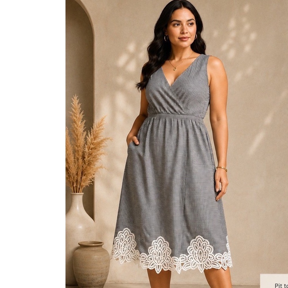 Lauren Ralph Lauren Gingham Lace Trim Midi Dress Preppy Sz 8